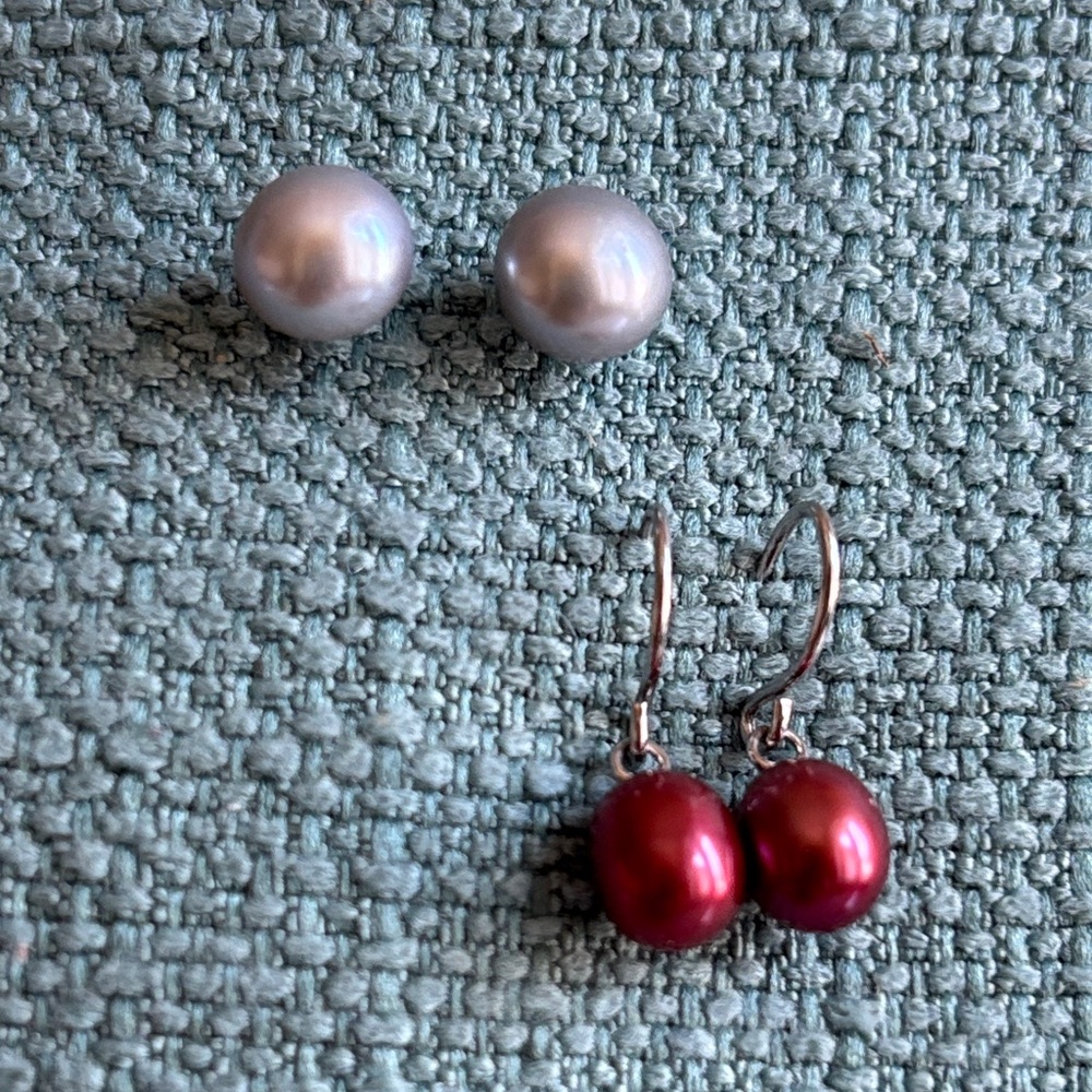 2 Pair HONORA 925 Earrings, EUC, 1 Gray/Silver Post, 1 Maroon Dangle Drop,Marked